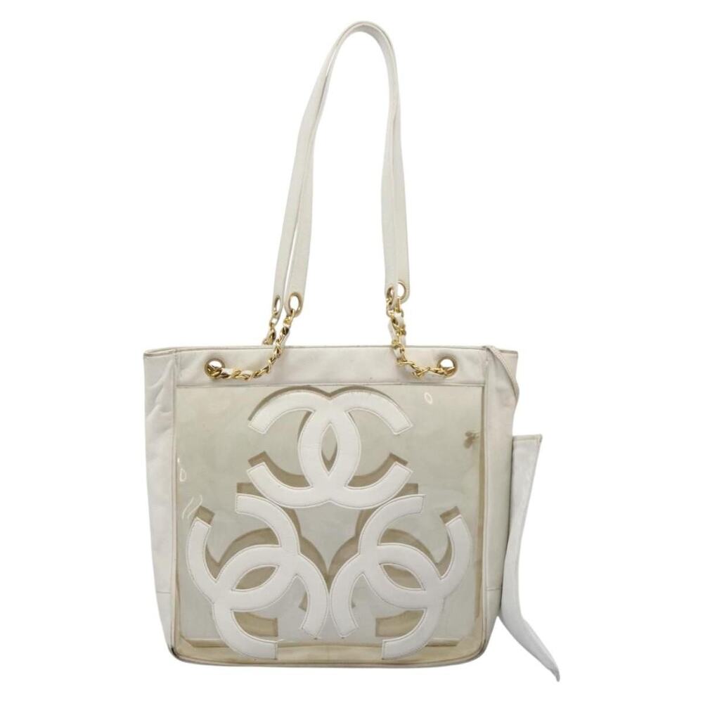 Chanel Vinyl Triple Coco Chain Tote Bag White Gold